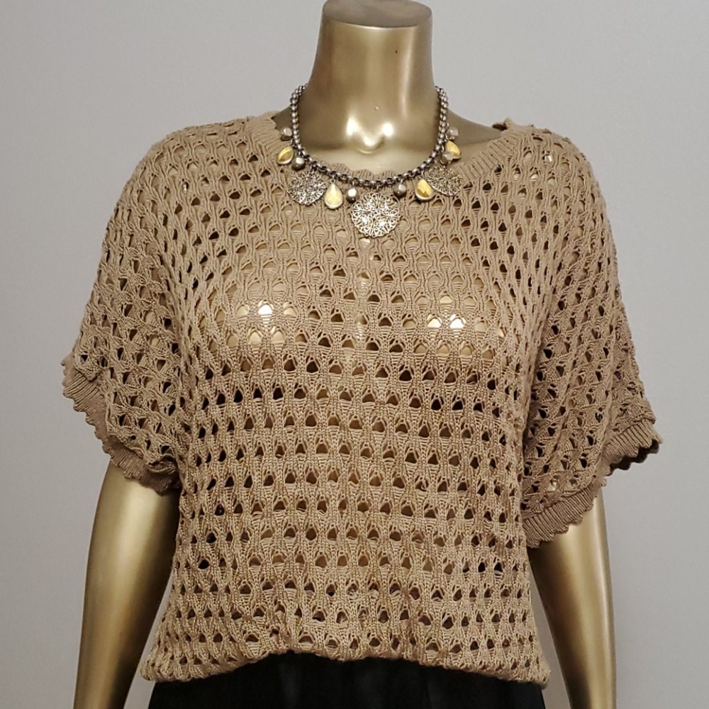 Jason Maxwell Crew Neck Crochet Short Sleeve Top